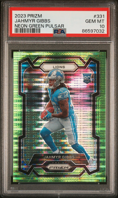 Graded 2023 Panini Donruss Jahmyr Gibbs #331 Neon Green Pulsar Rookie RC Football Card PSA 10 Gem Mint