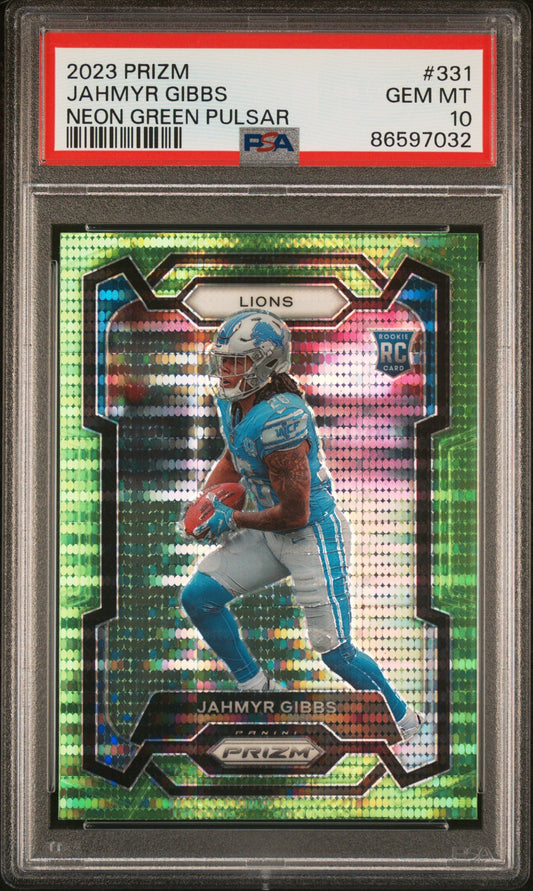 Graded 2023 Panini Donruss Jahmyr Gibbs #331 Neon Green Pulsar Rookie RC Football Card PSA 10 Gem Mint