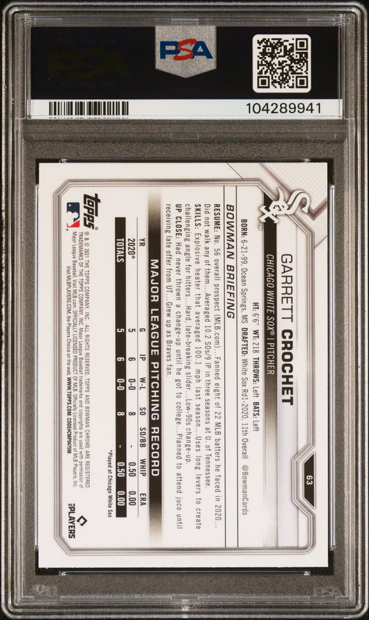 Graded 2021 Topps Bowman Chrome Garrett Crochet #63 Rookie RC Baseball Card PSA 10 Gem Mint
