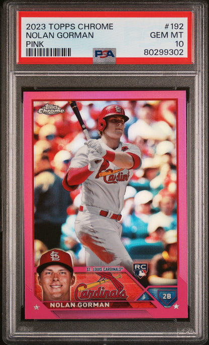 Graded 2023 Topps Chrome Nolan Gorman #192 Pink Rookie RC Baseball Card PSA 10 Gem Mint