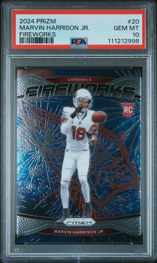 Graded 2024 Panini Prizm Marvin Harrison Jr #20 Fireworks Rookie RC Football Card PSA 10 Gem Mint