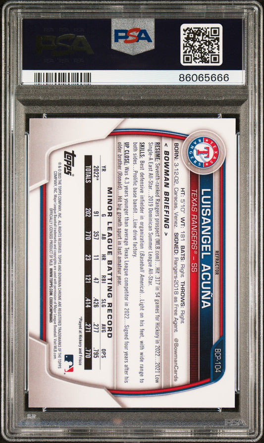 Graded 2023 Topps Bowman Luisangel Acuna #BCP104 Chrome Prospects Lunar Glow Refractor Rookie RC Baseball Card PSA 10 Gem Mint
