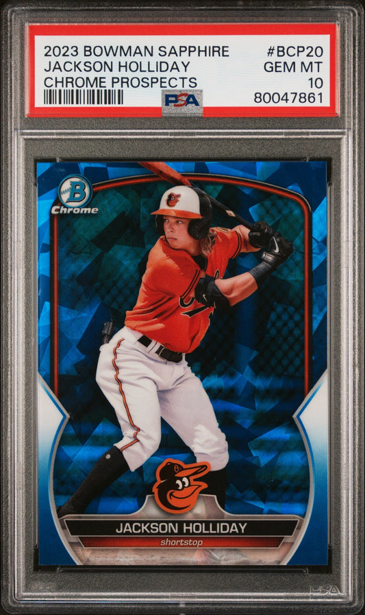 Graded 2023 Topps Bowman Sapphire Jackson Holliday #BCP20 Chrome Prospects Rookie RC Baseball Card PSA 10 Gem Mint