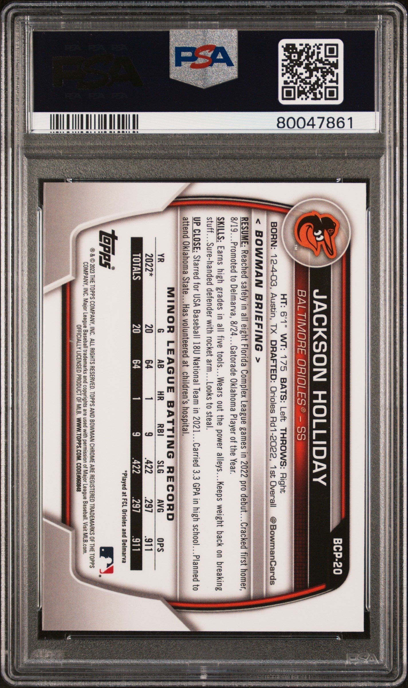 Graded 2023 Topps Bowman Sapphire Jackson Holliday #BCP20 Chrome Prospects Rookie RC Baseball Card PSA 10 Gem Mint