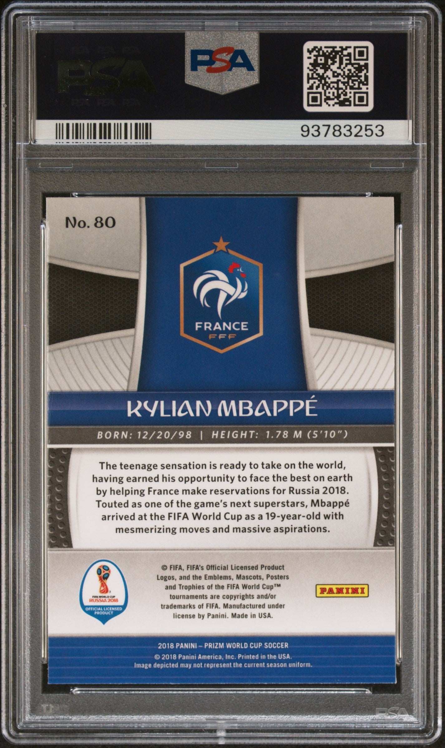 Graded 2018 Panini Prizm World Cup Kylian Mbappe #80 Soccer Card PSA 10 Gem Mint