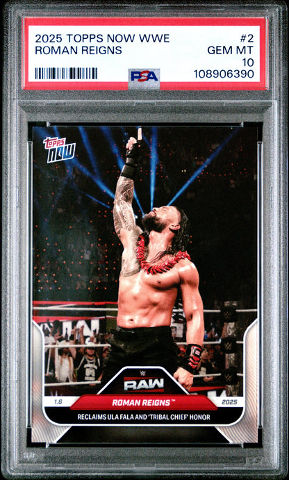 Graded 2025 Topps Now WWE Stone Roman Reigns #2 Wrestling Card PSA 10 Gem Mint