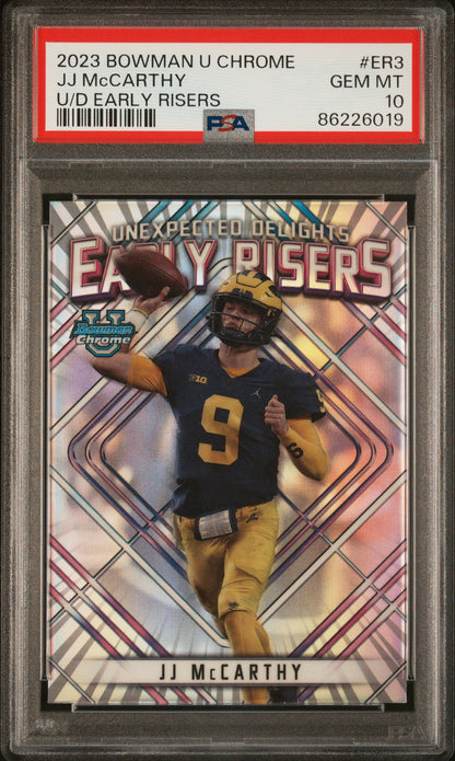 Graded 2023 Topps Bowman U Chrome JJ McCarthy #ER3 U/D Early Risers Rookie RC Football Card PSA 10 Gem Mint