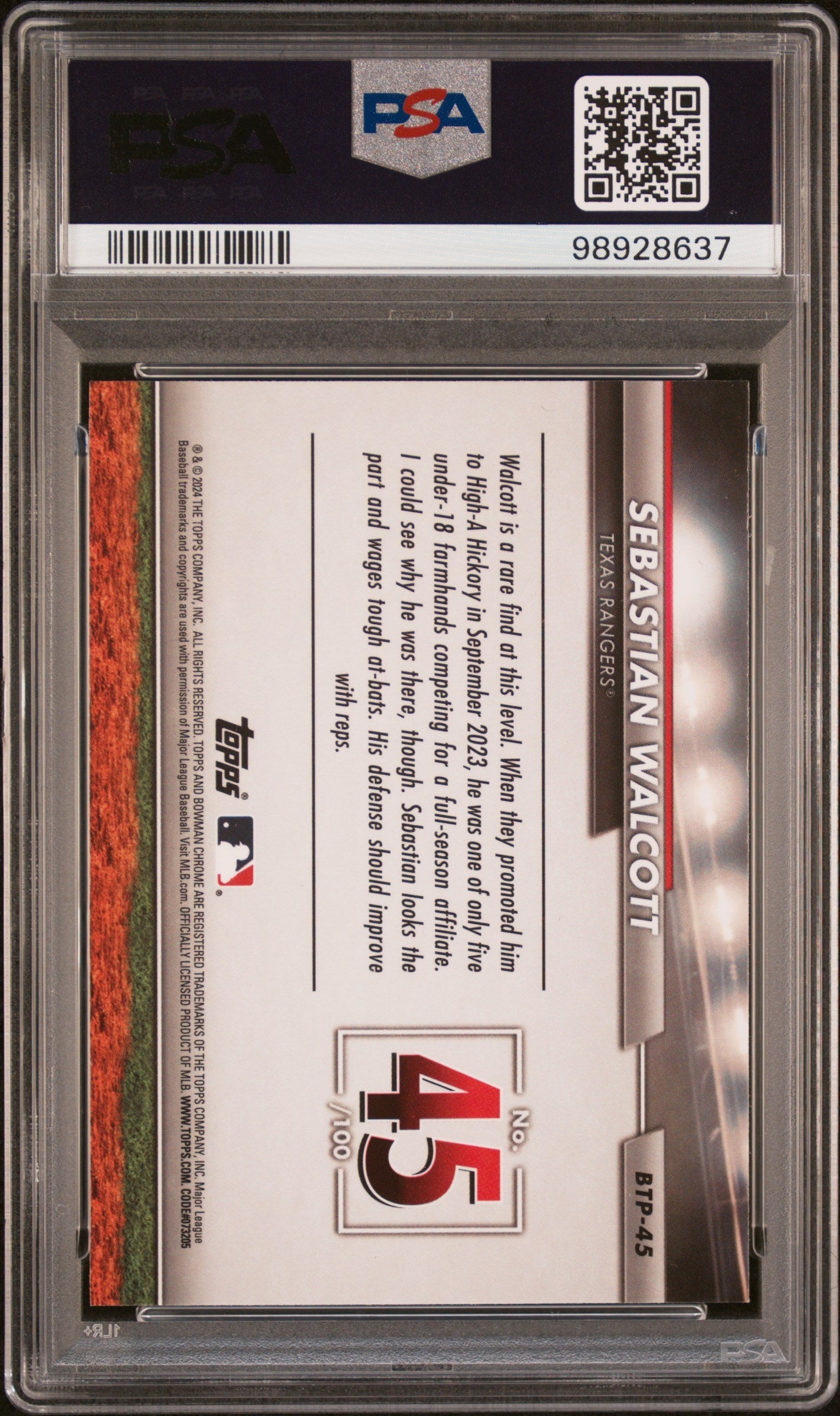 Graded 2024 Topps Bowman Sebastian Walcott #BTP45 Scouts Top 100 Rookie RC Baseball Card PSA 10 Gem Mint