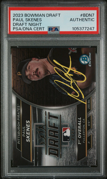 Graded 2023 Topps Bowman Draft Paul Skenes #BDN7 Draft Night Rookie RC Baseball Card PSA Authentic Auto