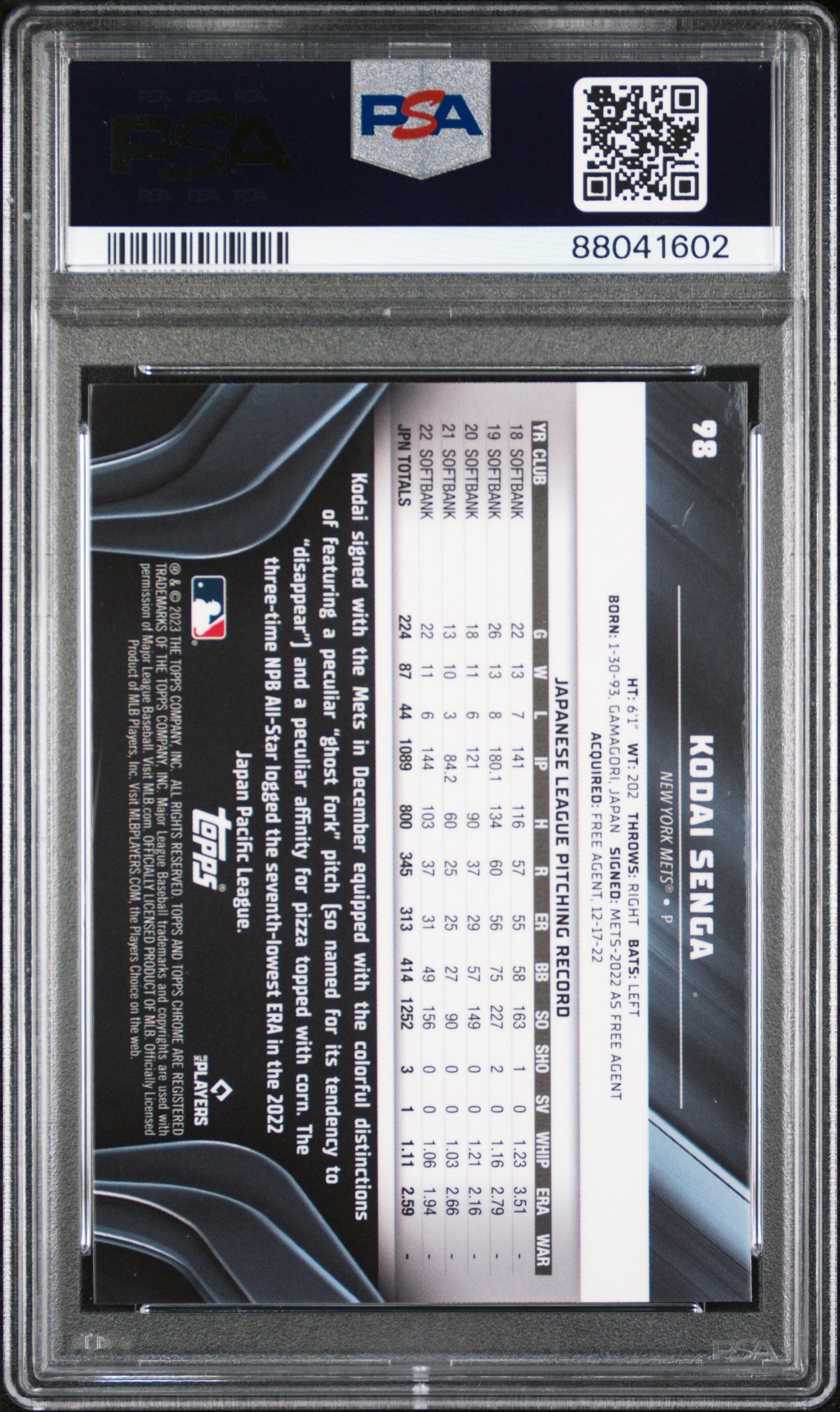 Graded 2023 Topps Chrome Black Kodai Senga #98 Rookie RC Baseball Card PSA 10 Gem Mint