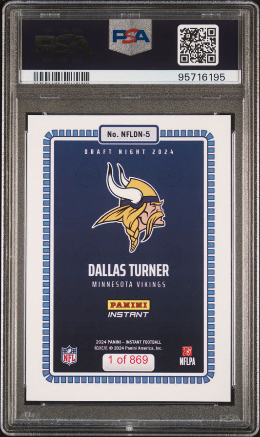 Graded 2024 Panini Instant NFL Dallas Turner #5 Draft Night Rookie RC Football Card PSA 9 Mint