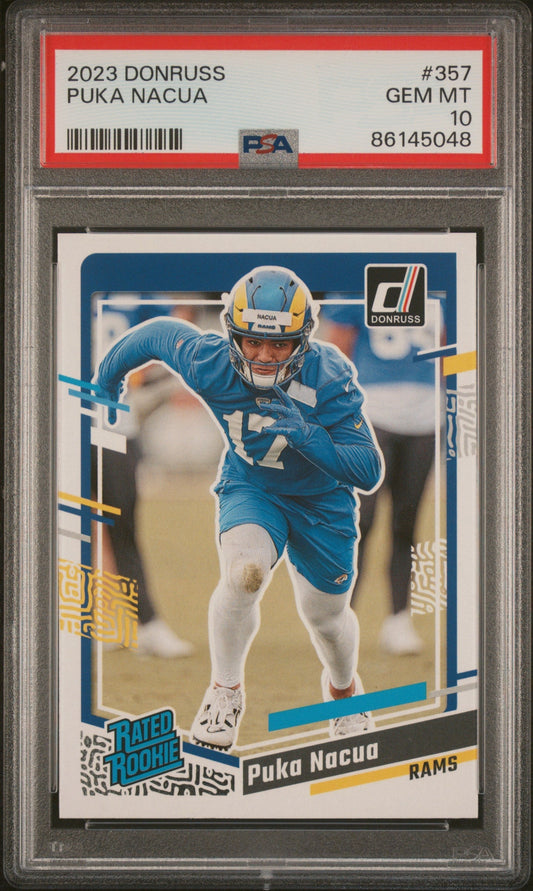 Graded 2023 Panini Donruss Rated Rookie Puka Nacua #357 Rookie RC Football Card PSA 10 Gem Mint