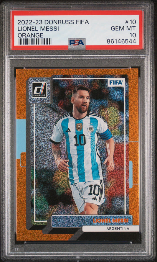 Graded 2022 Panini Donruss FIFA Lionel Messi #10 Orange Soccer Card PSA 10 Gem Mint