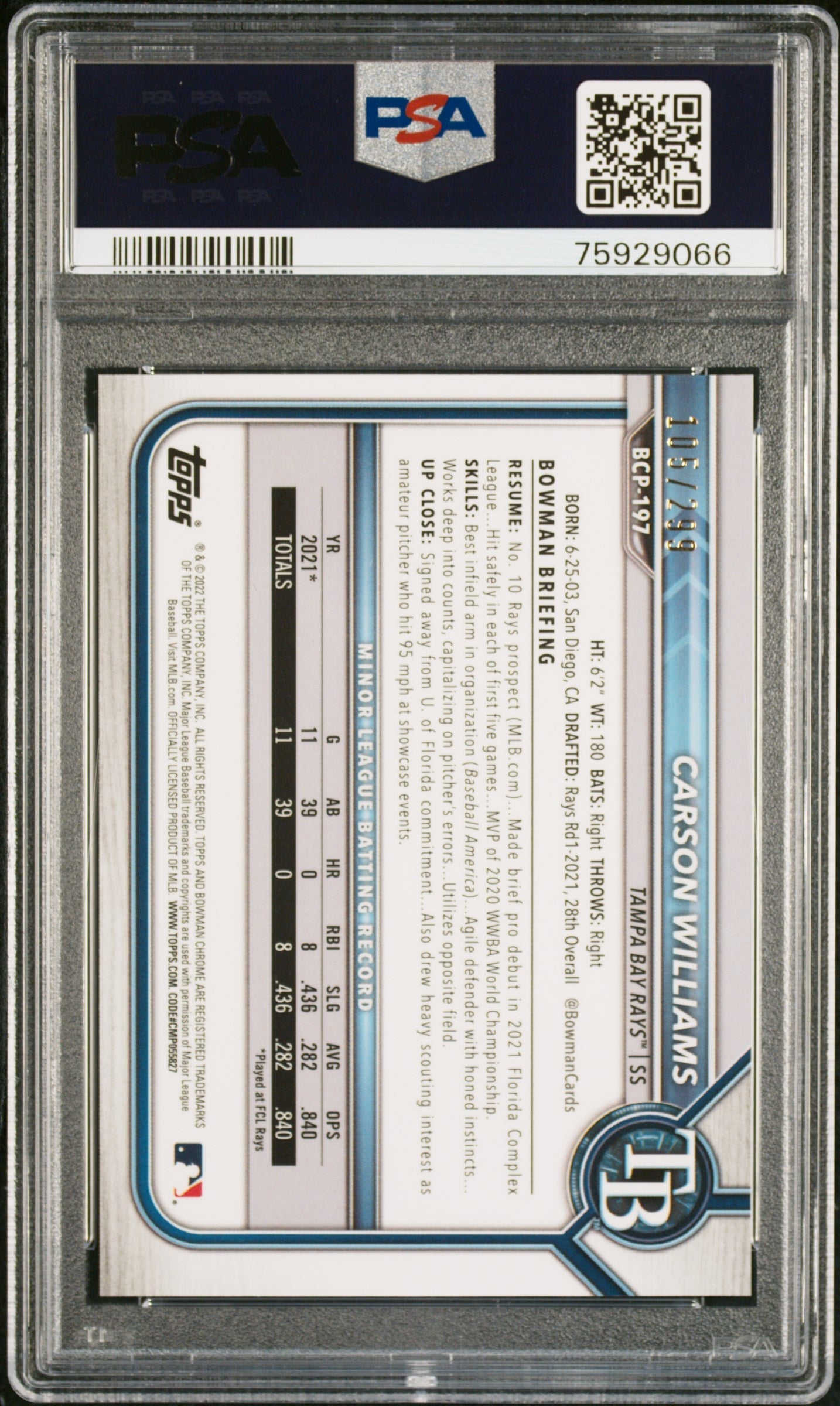Graded 2022 Topps Bowman Chrome Carson Williams #BCP197 Prospect Speckle Refractor #/299 Rookie RC Baseball Card PSA 10 Gem Mint