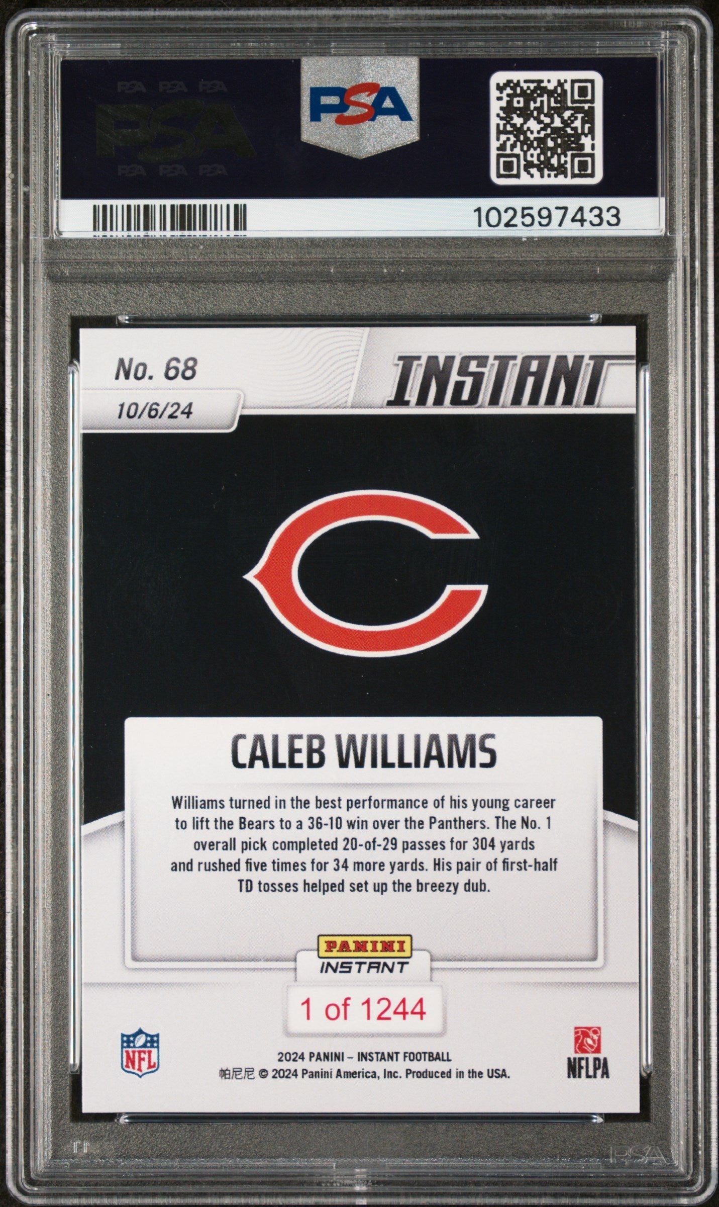 Graded 2024 Panini Instant NFL Caleb Williams #68 Rookie RC Football Card PSA 9 Mint