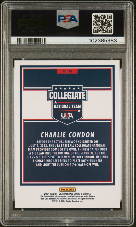 Graded 2024 Panini Stars & Stripes USA Charlie Condon #13 Rookie RC Baseball Card PSA 10 Gem Mint