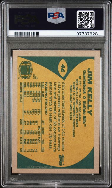 Graded 1989 Topps Jim Kelly #46 Football Card PSA 10 Gem Mint