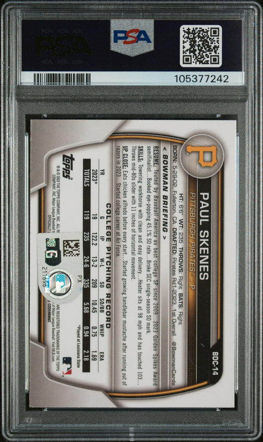 Graded 2023 Topps Bowman Draft Paul Skenes #BDC14 Chrome Rookie RC Baseball Card PSA Authentic Auto
