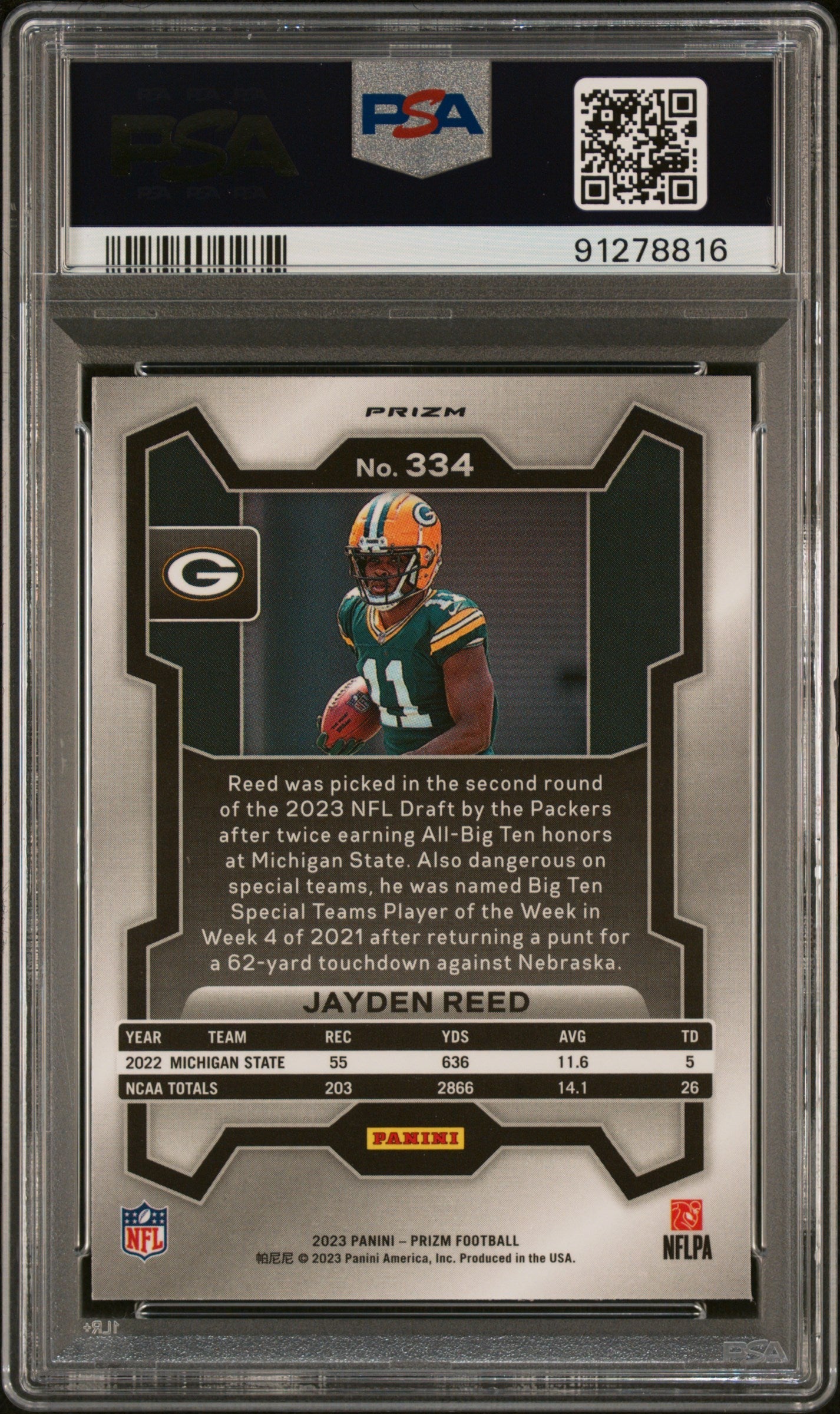 Graded 2023 Panini Prizm Jayden Reed #334 Neon Green Pulsar Rookie RC Football Card PSA 10 Gem Mint