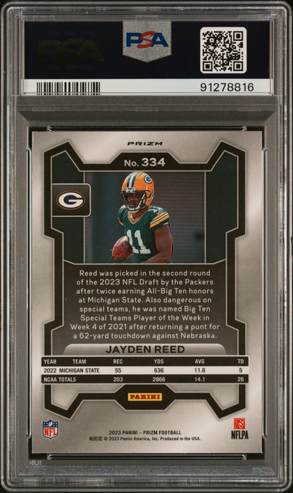 Graded 2023 Panini Prizm Jayden Reed #334 Neon Green Pulsar Rookie RC Football Card PSA 10 Gem Mint