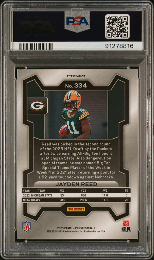 Graded 2023 Panini Prizm Jayden Reed #334 Neon Green Pulsar Rookie RC Football Card PSA 10 Gem Mint