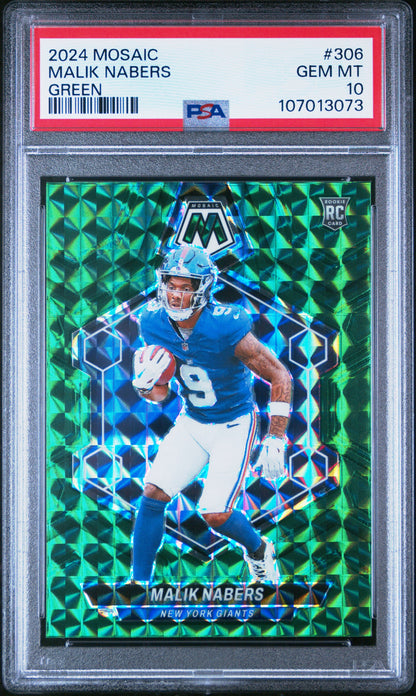 Graded 2024 Panini Mosaic Malik Nabers #306 Green Rookie RC Football Card PSA 10 Gem Mint