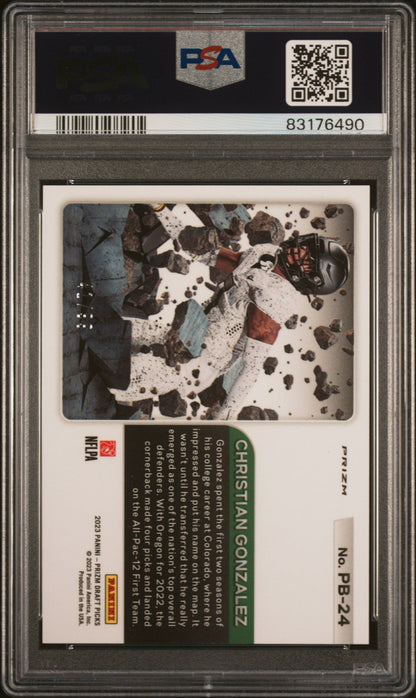 Graded 2023 Panini Prizm Draft Picks Christian Gonzalez #PB24 Prizm Break Blue Ice #/99 Rookie RC Football Card PSA 10 Gem Mint