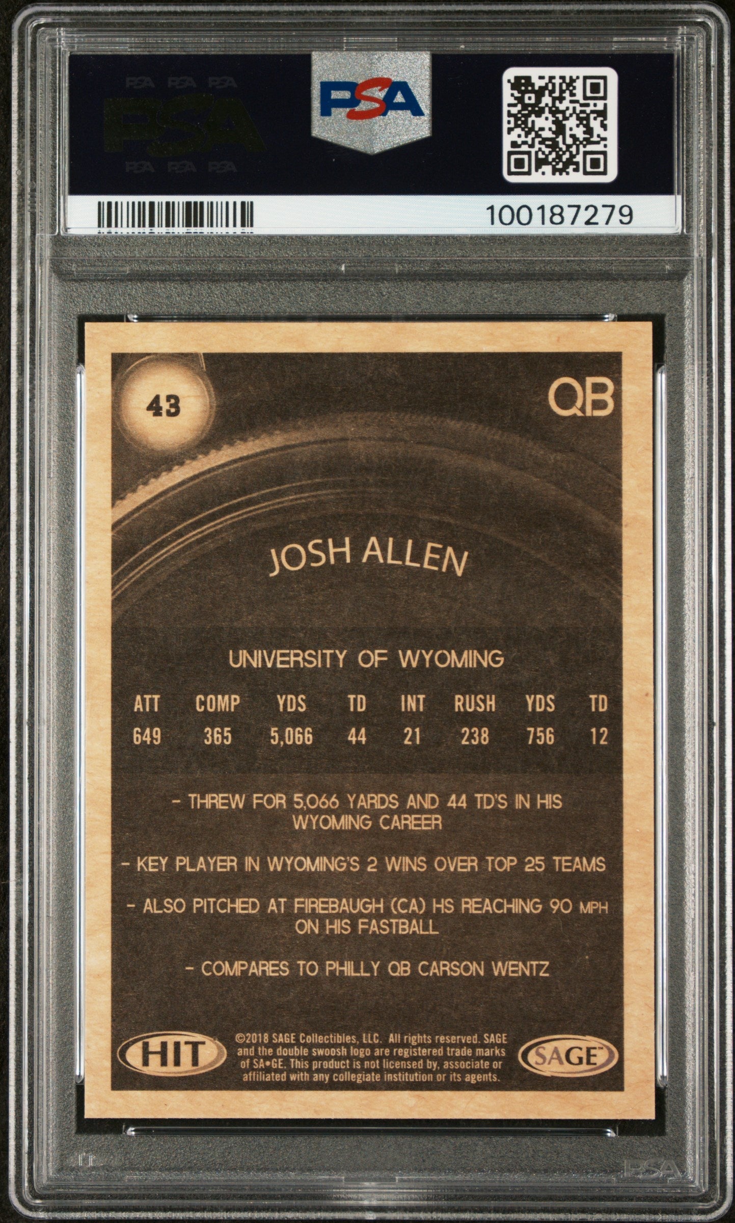 Graded 2018 Sage SA-GE Hit Josh Allen #43 In Focus Rookie RC Football Card PSA 10 Gem Mint