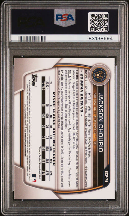 Graded 2023 Topps Bowman Sapphire Jackson Chourio #BCP76 Chrome Prospects Rookie RC Baseball Card PSA 10 Gem Mint