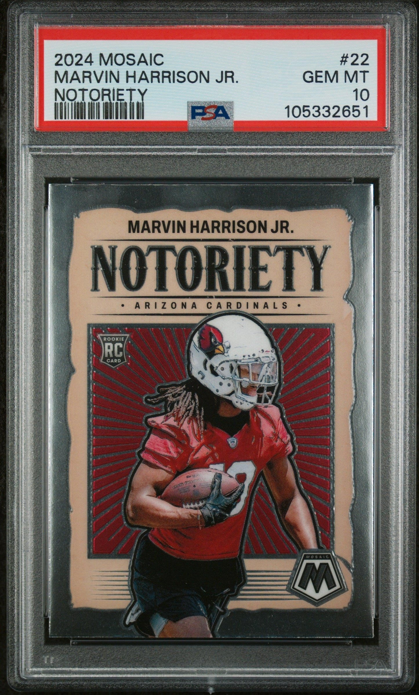 Graded 2024 Panini Mosaic Marvin Harrison Jr #22 Notoriety Rookie RC Football Card PSA 10 Gem Mint