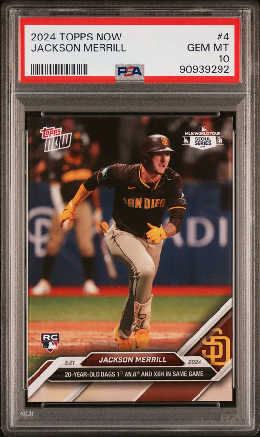 Graded 2024 Topps Now Jackson Merrill #4 Seoul Series Rookie RC Baseball Card PSA 10 Gem Mint