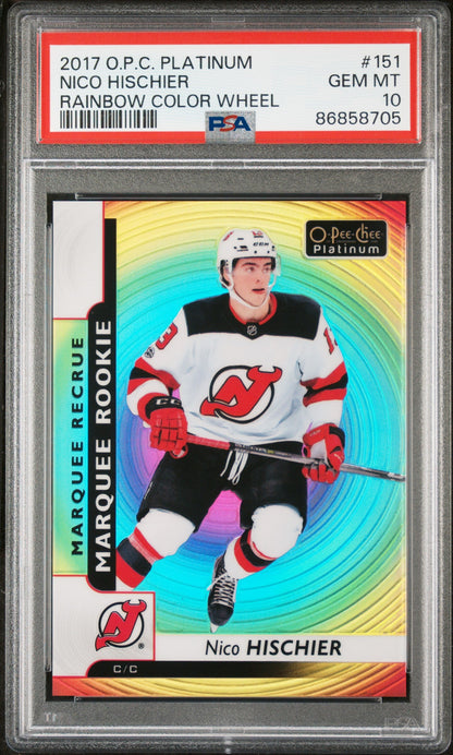 Graded 2017 UD O.P.C Platinum Nico Hischier #151 Rainbow Color Wheel Rookie RC Hockey Card PSA 10 Gem Mint