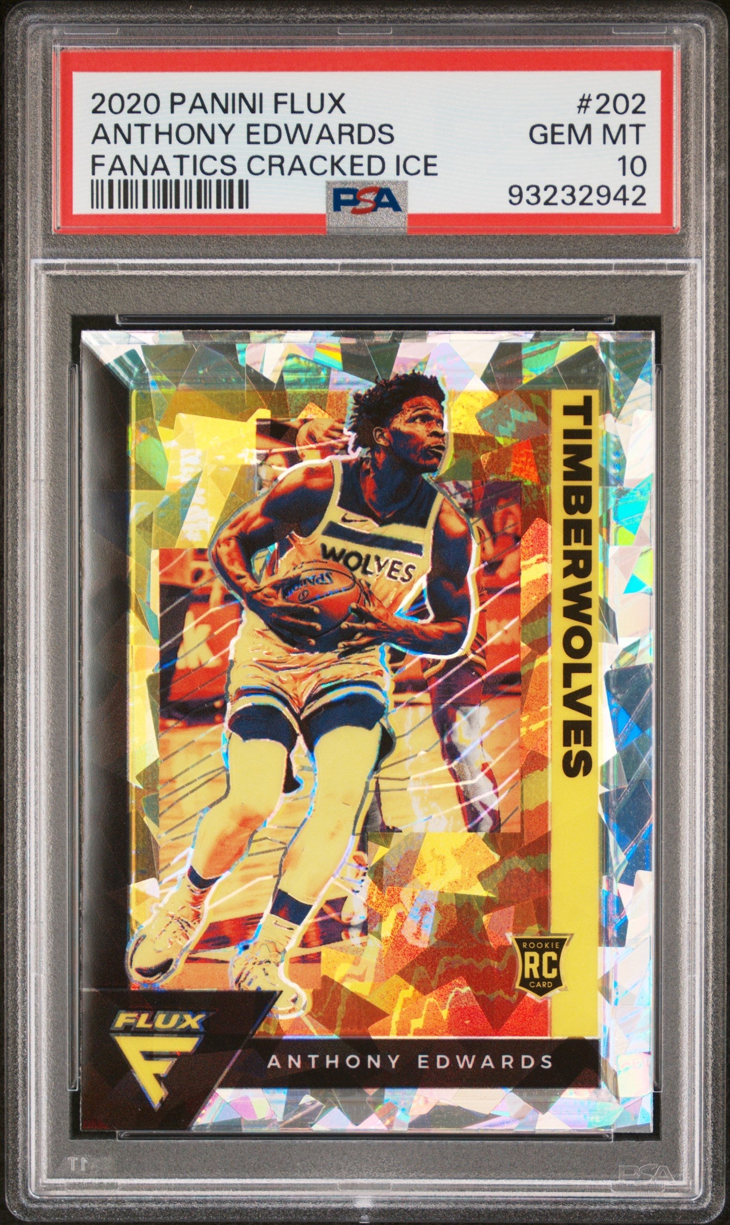 Graded 2020 Panini Flux Anthony Edwards #202 Fanatics Cracked Ice Rookie RC Basketball Card PSA 10 Gem Mint