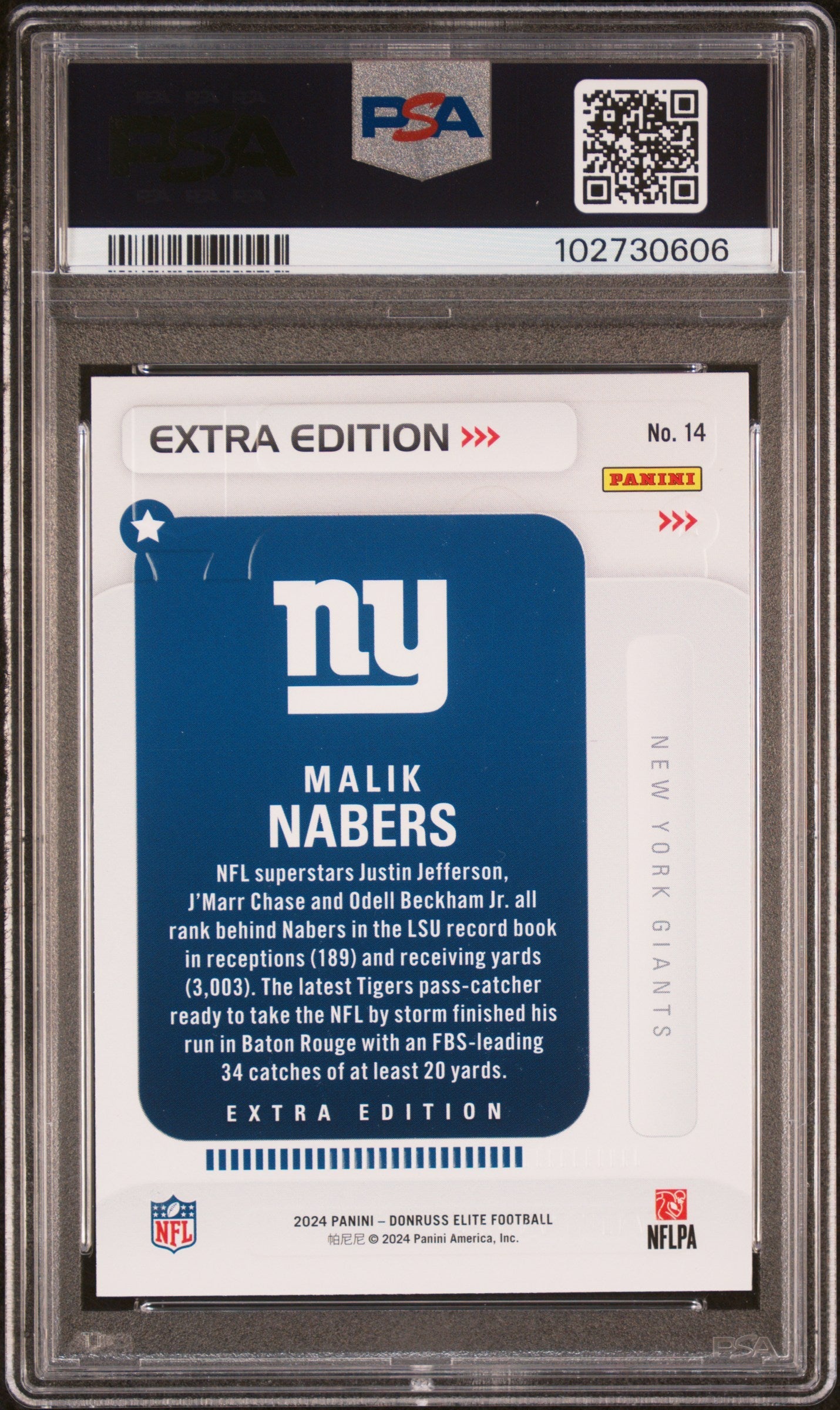 Graded 2024 Panini Donruss Elite Malik Nabers #14 Extra Edition Rookie RC Football Card PSA 10 Gem Mint