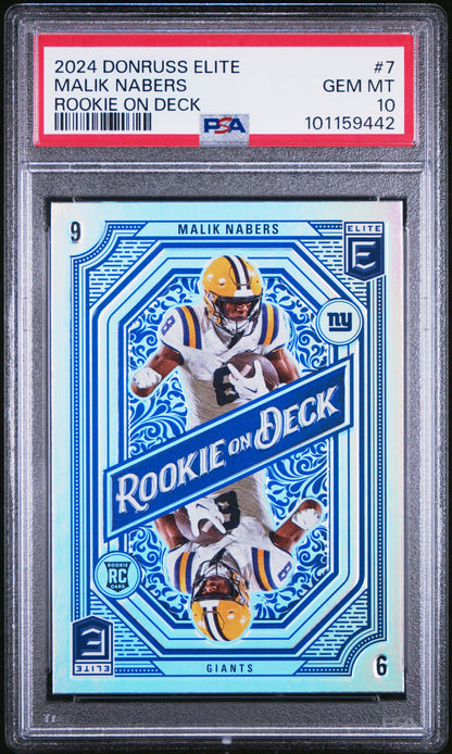 Graded 2024 Panini Donruss Elite Malik Nabers #7 Rookie On Deck Rookie RC Football Card PSA 10 Gem Mint