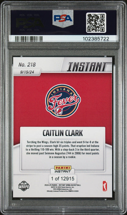 Graded 2024 Panini Instant WNBA Caitlin Clark #218 Rookie RC Basketball Card PSA 10 Gem Mint
