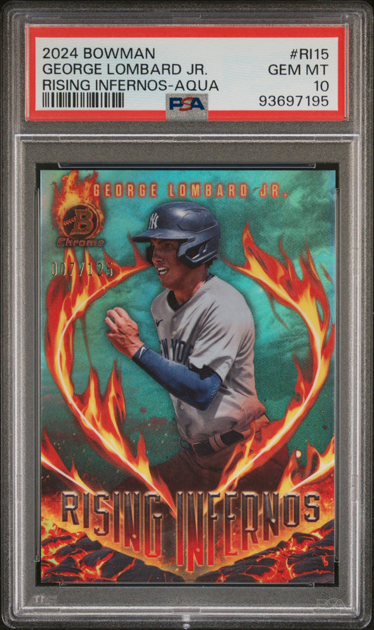 Graded 2024 Topps Bowman George Lombard Jr #RI15 Rising Infernos Aqua #/125 Rookie RC Baseball Card PSA 10 Gem Mint