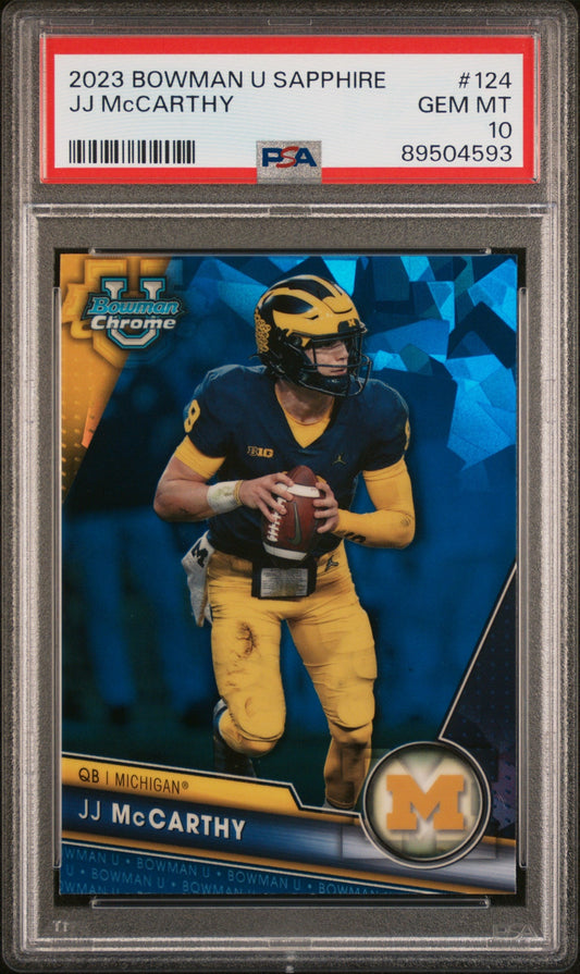 Graded 2023 Topps Bowman U Sapphire JJ McCarthy #124 Rookie RC Football Card PSA 10 Gem Mint