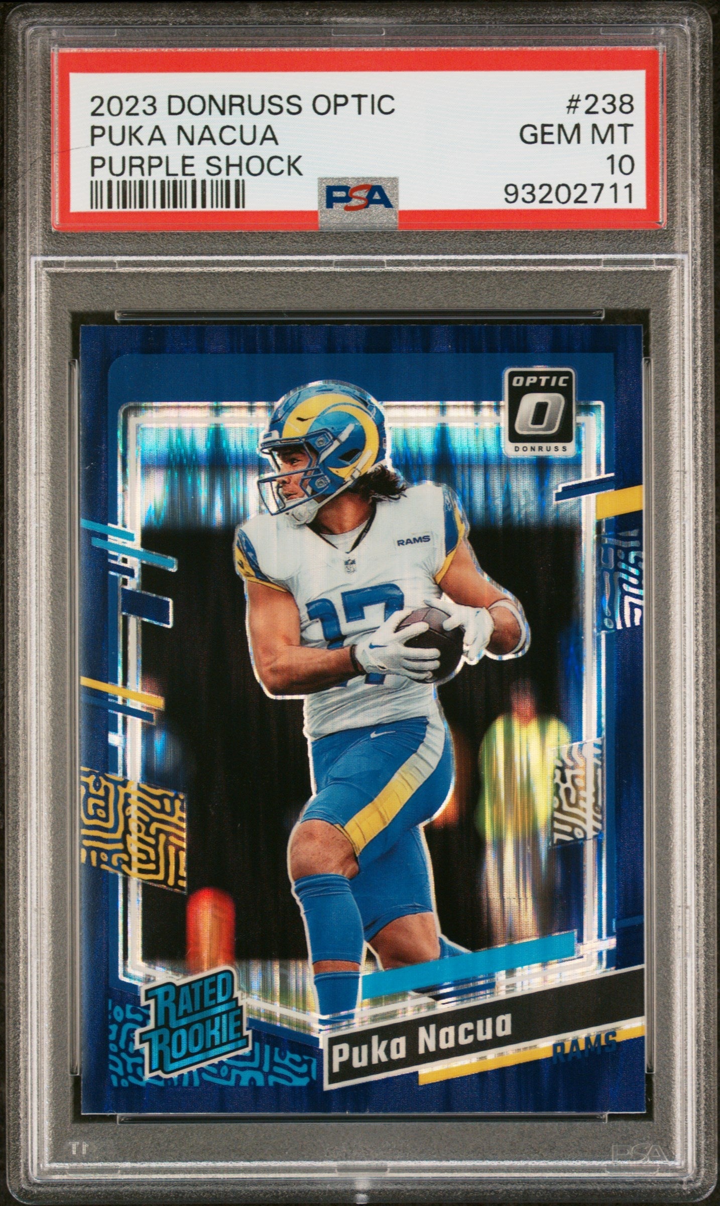 Graded 2023 Panini Donruss Optic Puka Nacua #238 Purple Shock Rookie RC Football Card PSA 10 Gem Mint