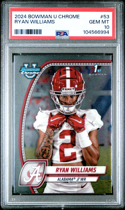 Graded 2024 Topps Bowman U Chrome University Ryan Williams #53 Rookie RC Football Card PSA 10 Gem Mint