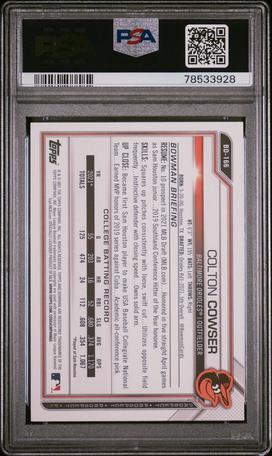 Graded 2021 Topps Bowman Draft Colton Cowser #BD166 Rookie RC Baseball Card PSA 10 Gem Mint