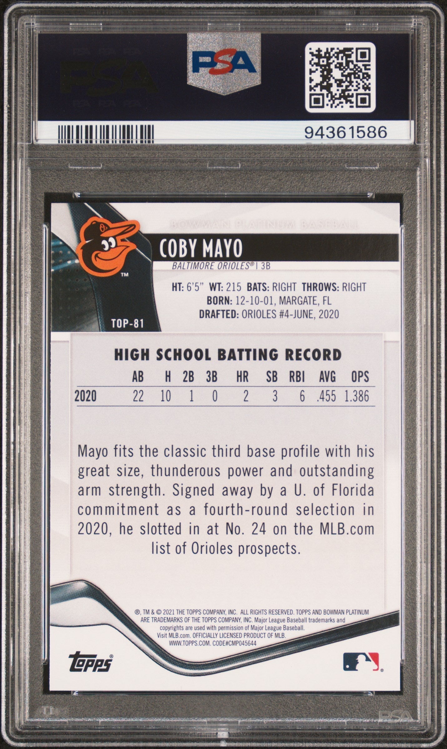 Graded 2021 Topps Bowman Platinum Coby Mayo #TOP81 Top Prospects Rookie RC Baseball Card PSA 10 Gem Mint