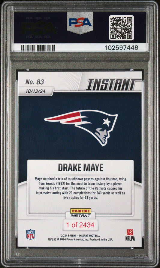 Graded 2024 Panini Instant NFL Drake Maye #83 Rookie RC Football Card PSA 10 Gem Mint
