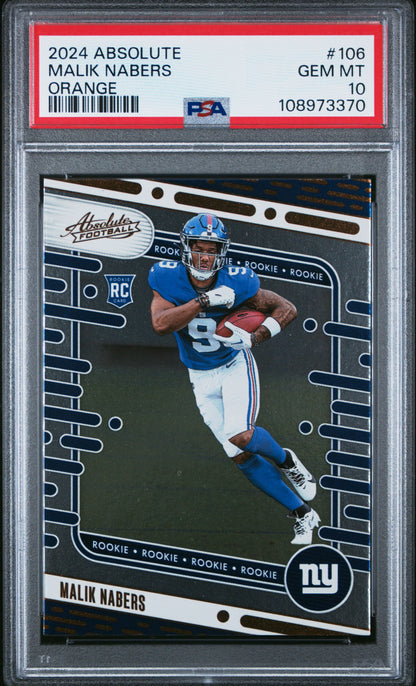 Graded 2024 Panini Absolute Malik Nabers #106 Orange Rookie RC Football Card PSA 10 Gem Mint