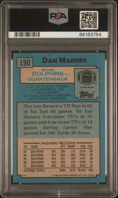 Graded 1988 Topps Dan Marino #190 Football Card PSA 9 Mint