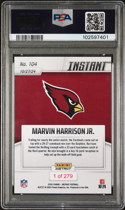 Graded 2024 Panini Instant NFL Marvin Harrison Jr #104 Rookie RC Football Card PSA 10 Gem Mint