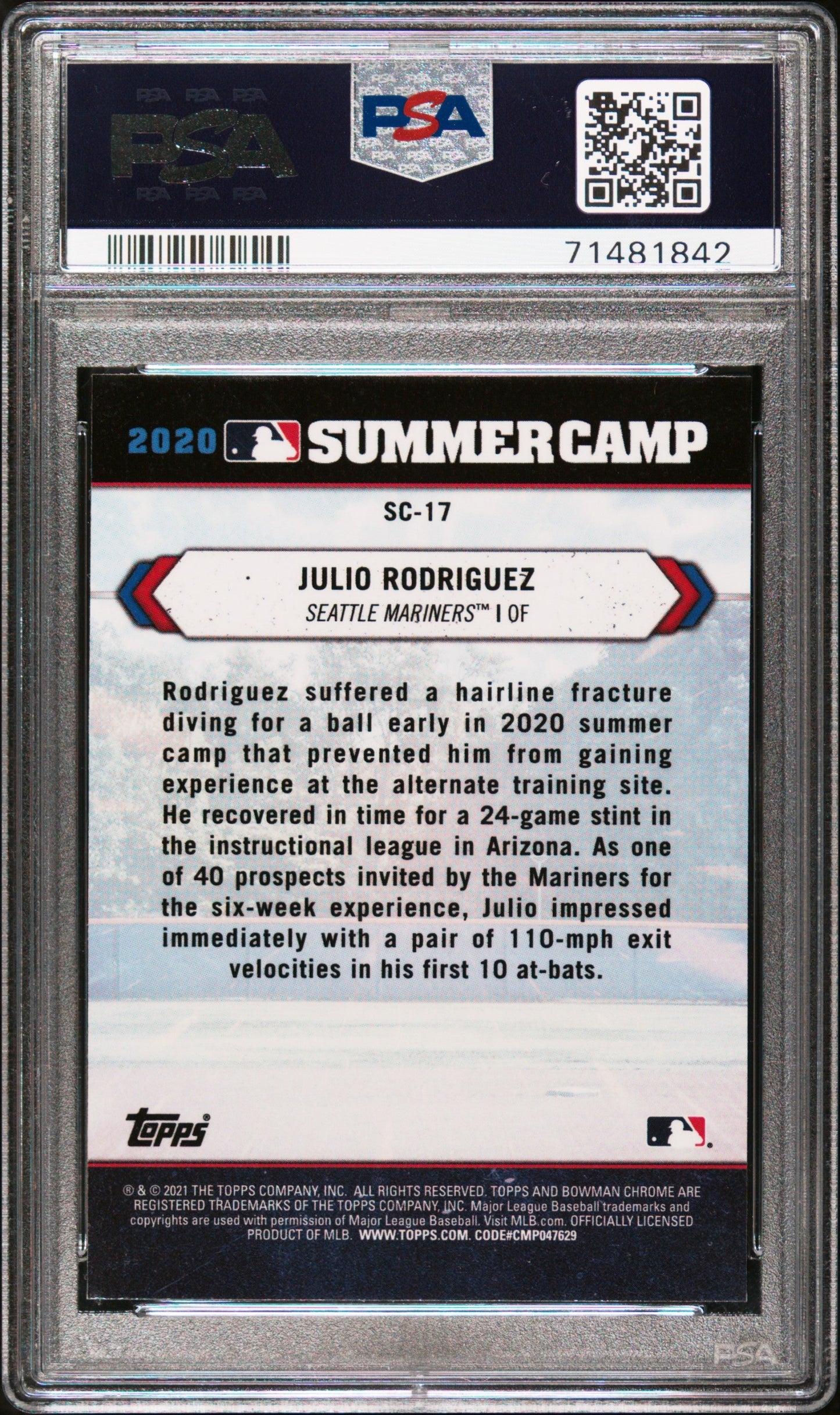 Graded 2021 Topps Bowman Chrome Julio Rodriguez #SC17 2020 Summer Camp RC Baseball Card PSA 10 Gem Mint