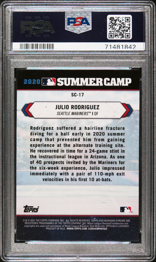 Graded 2021 Topps Bowman Chrome Julio Rodriguez #SC17 2020 Summer Camp RC Baseball Card PSA 10 Gem Mint