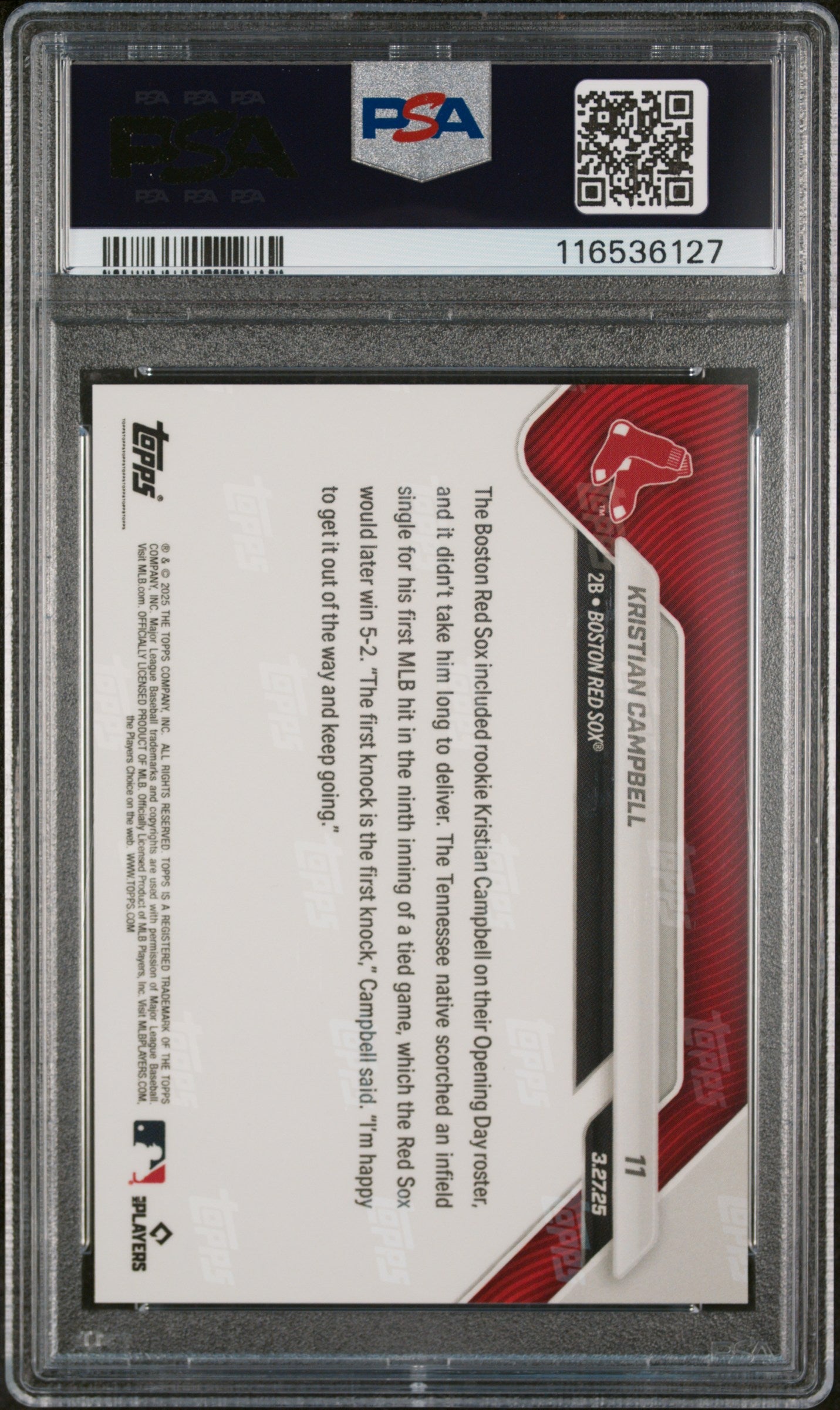Graded 2025 Topps Now Kristian Campbell #11 Rookie RC Baseball Card PSA 6 EX