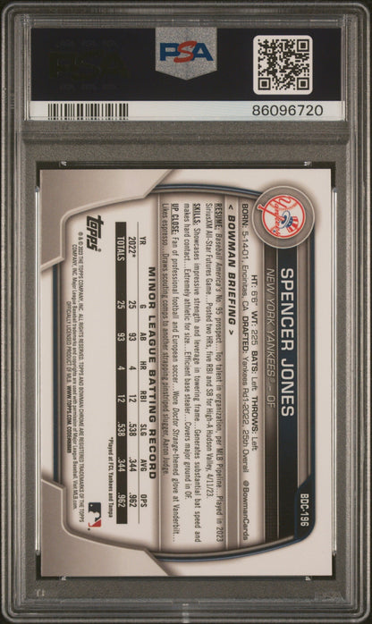 Graded 2023 Topps Bowman Draft Spencer Jones #BDC196 Chrome Rookie RC Baseball Card PSA 10 Gem Mint